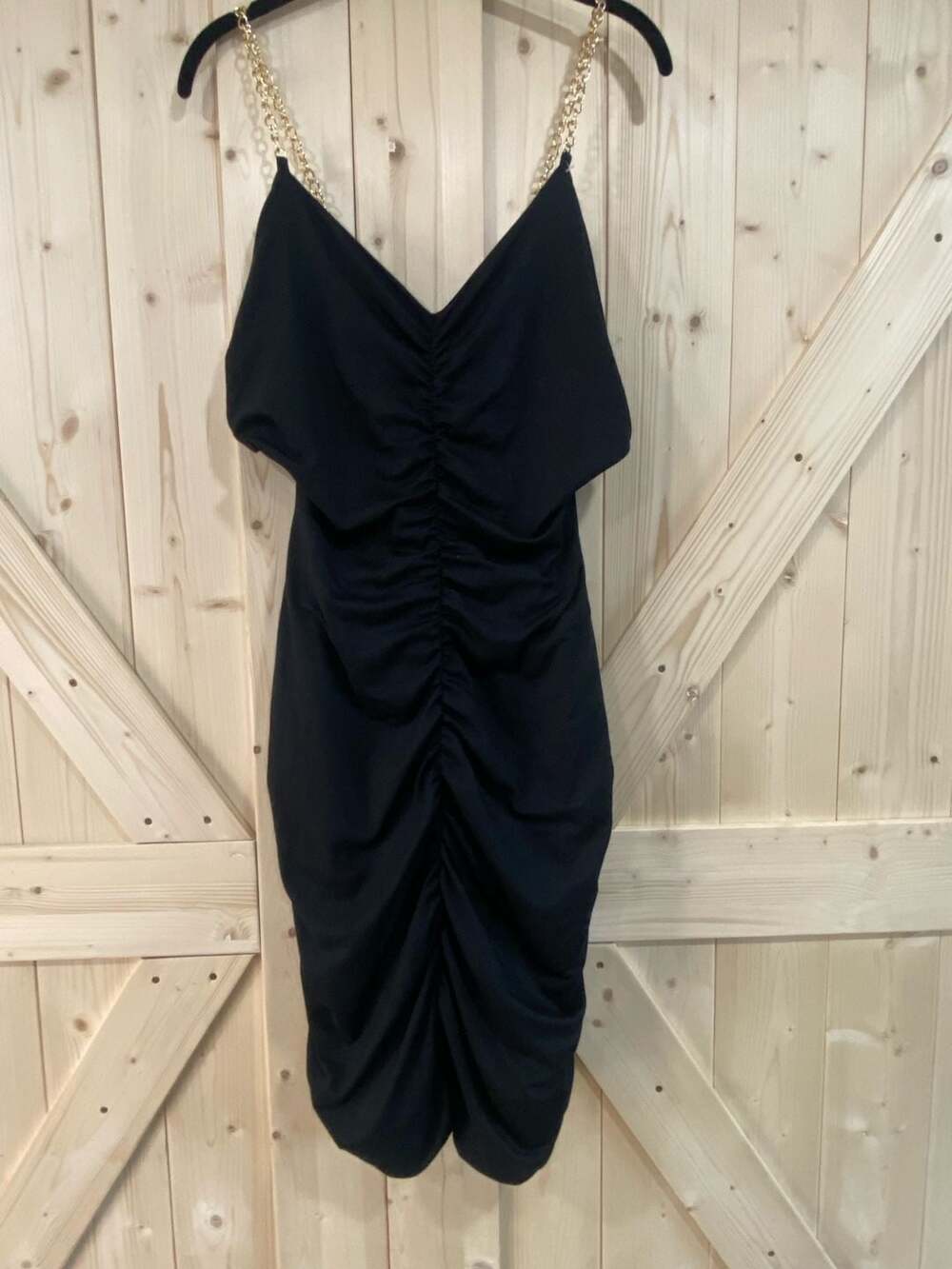 Almost Famous Black Ruched Mini Dress With Gold Chain Straps